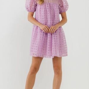 English Factory Lavender Gingham Puff Sleeve Dress